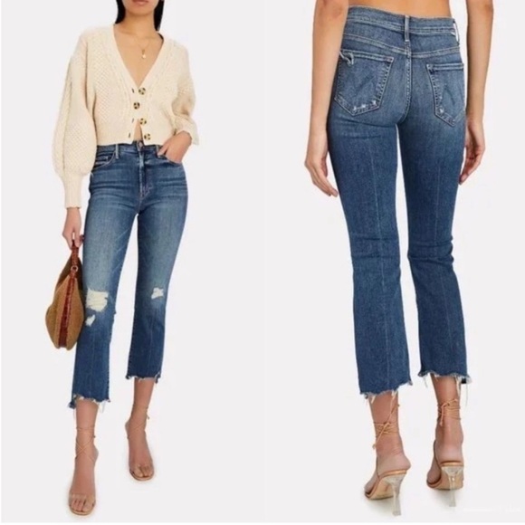 MOTHER Denim - MOTHER The Insider Crop Step Chew Denim Jeans Dancing on Coals Distressed Blue